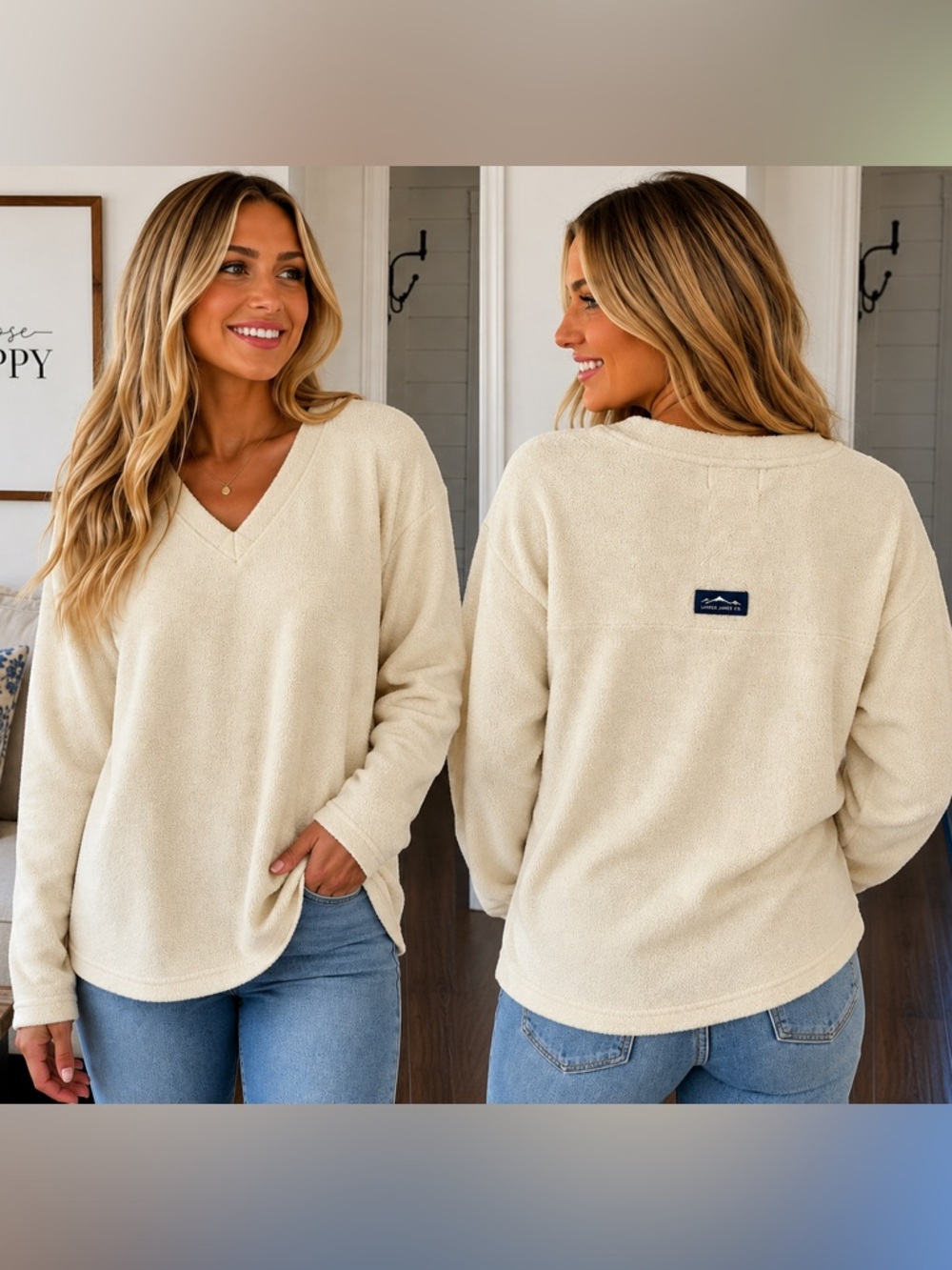 Lauren James Co. Fleece Cream V-Neck Pullover